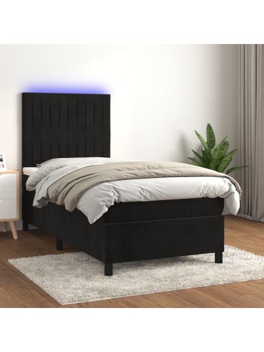 Atsperu gulta ar matraci, LED, melns samts, 100x200 cm