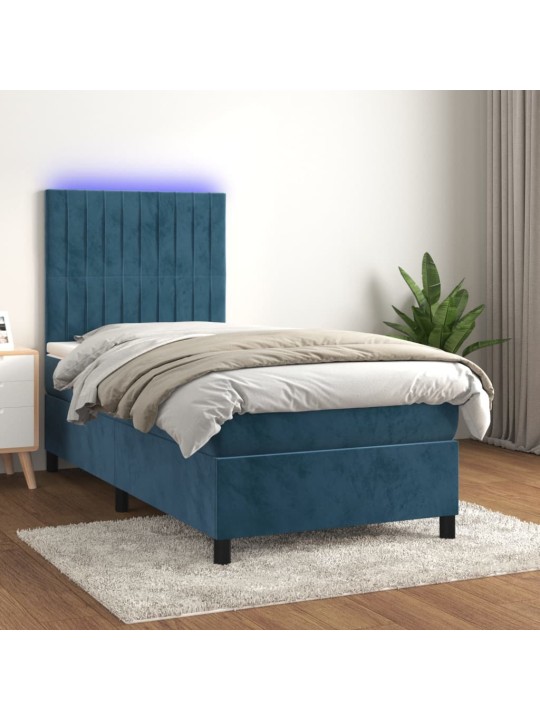 Atsperu gulta ar matraci, LED, tumši zils samts, 100x200 cm