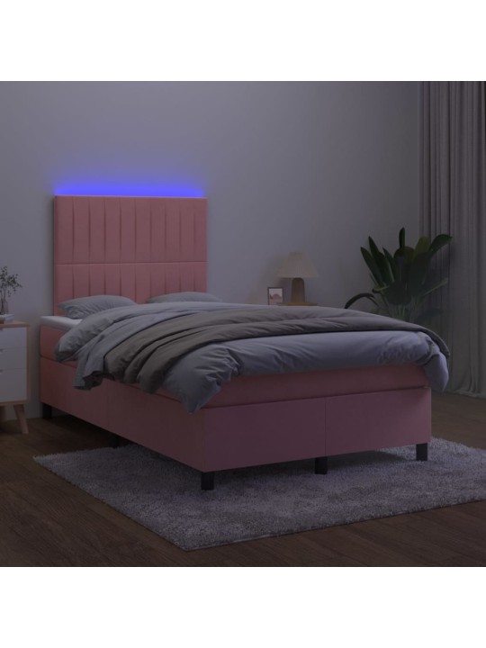 Atsperu gulta ar matraci, LED, rozā samts, 120x200 cm