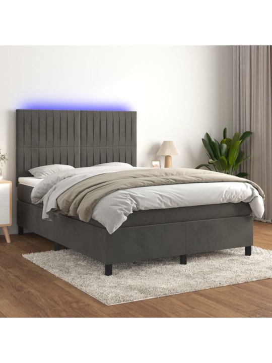 Atsperu gulta ar matraci, LED, tumši pelēks samts, 140x190 cm