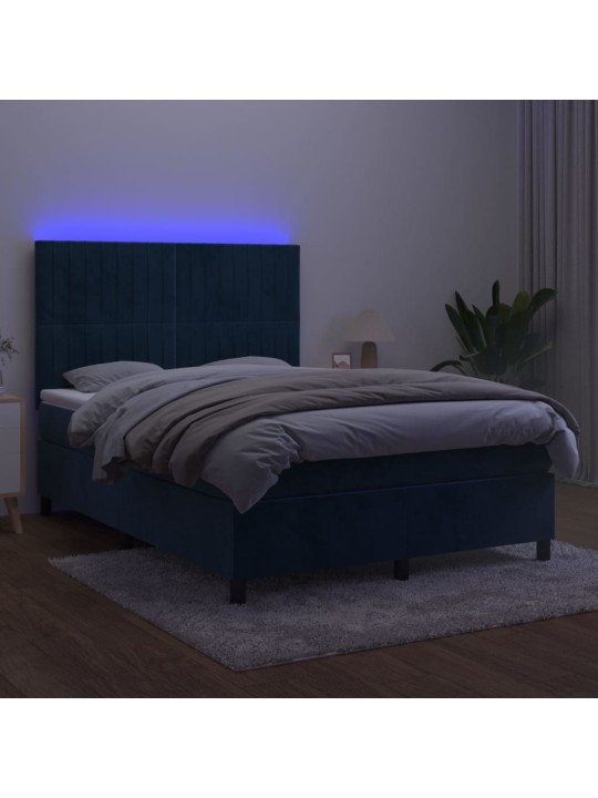Atsperu gulta ar matraci, LED, tumši zils samts, 140x190 cm
