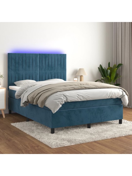 Atsperu gulta ar matraci, LED, tumši zils samts, 140x190 cm