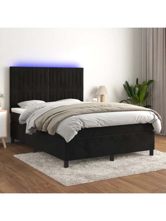 Atsperu gulta ar matraci, LED, melns samts, 140x200 cm
