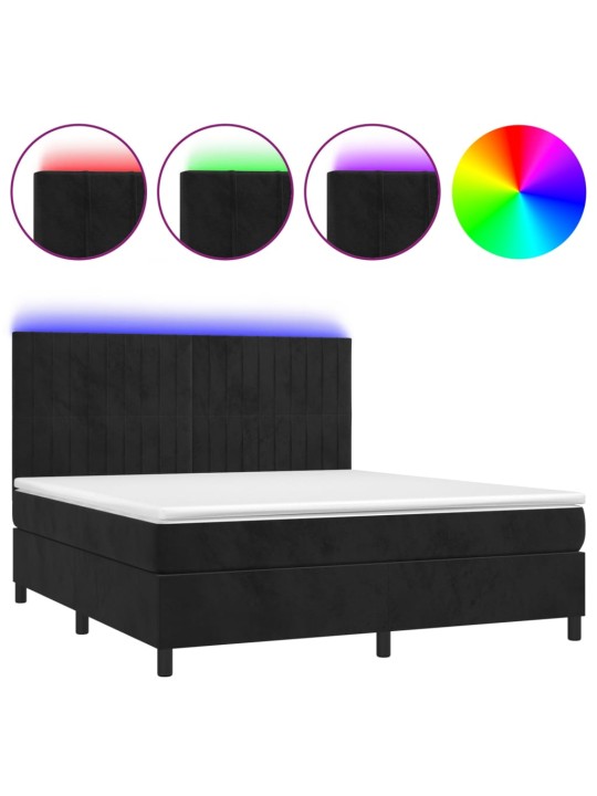 Atsperu gulta ar matraci, LED, melns samts, 160x200 cm