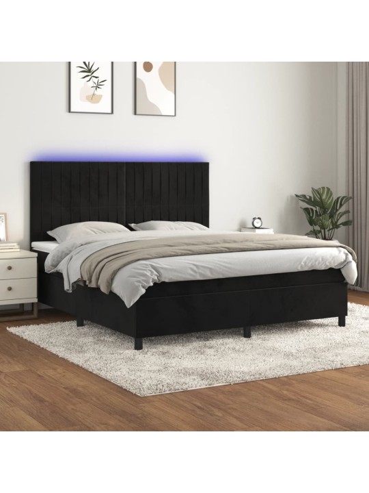 Atsperu gulta ar matraci, LED, melns samts, 160x200 cm