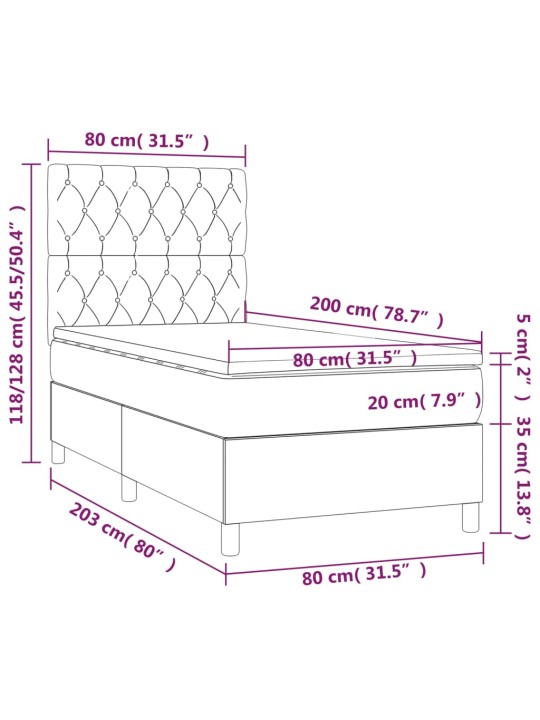 Atsperu gulta ar matraci, LED, rozā samts, 80x200 cm