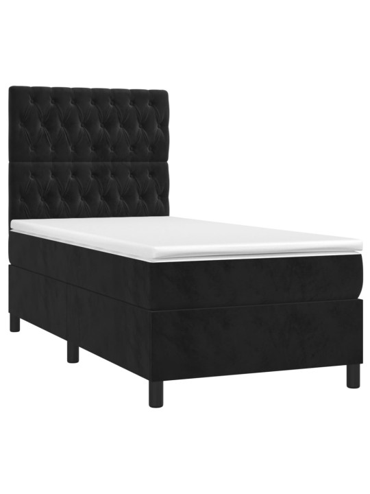 Atsperu gulta ar matraci, LED, melns samts, 90x190 cm