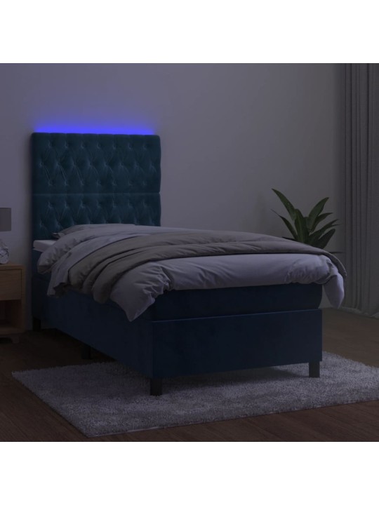 Atsperu gulta ar matraci, LED, tumši zils samts, 90x200 cm