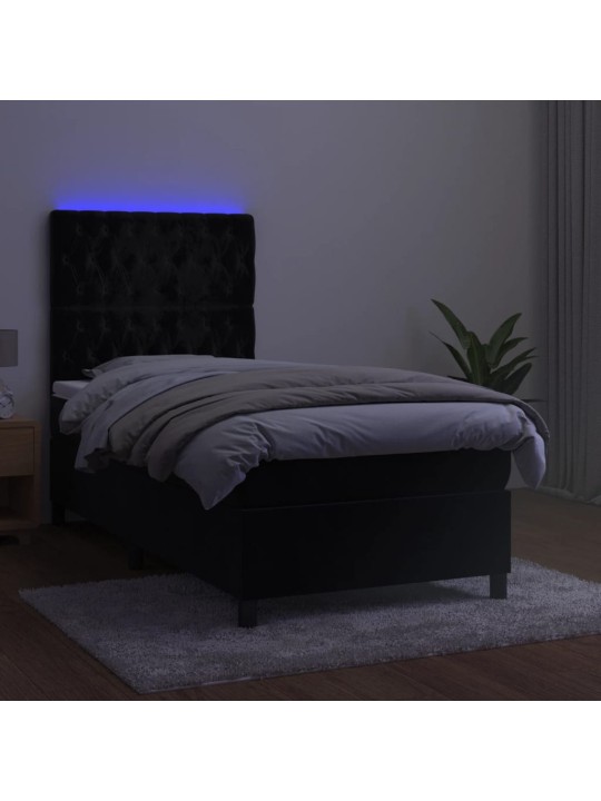 Atsperu gulta ar matraci, LED, melns samts, 100x200 cm