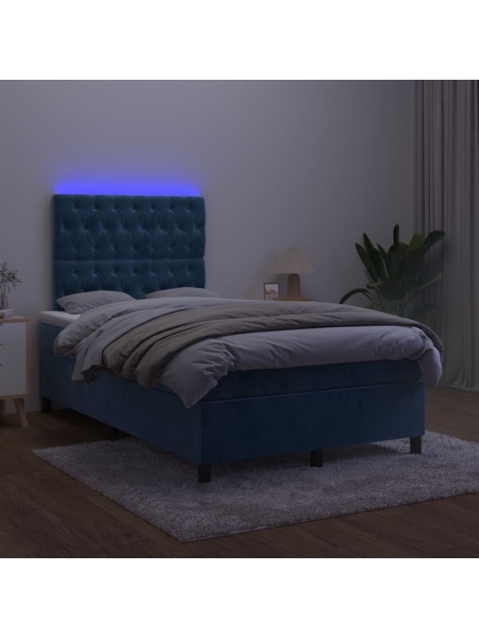 Atsperu gulta ar matraci, LED, tumši zils samts, 120x200 cm