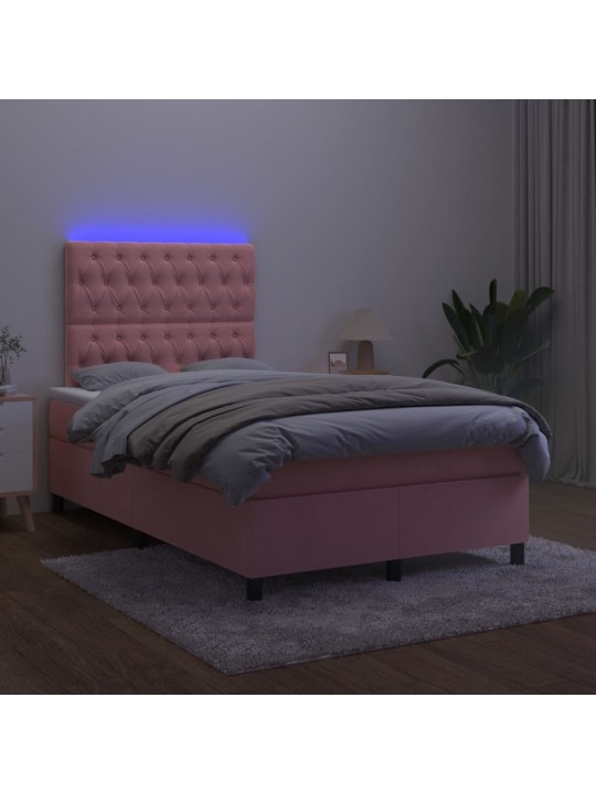 Atsperu gulta ar matraci, LED, rozā samts, 120x200 cm