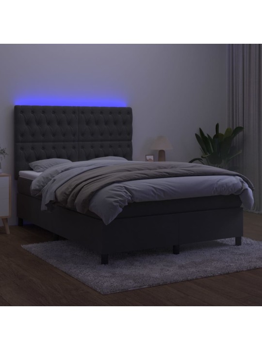 Atsperu gulta ar matraci, LED, tumši pelēks samts, 140x190 cm