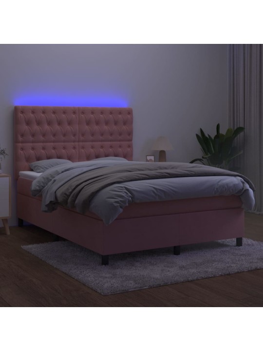 Atsperu gulta ar matraci, LED, rozā samts, 140x190 cm