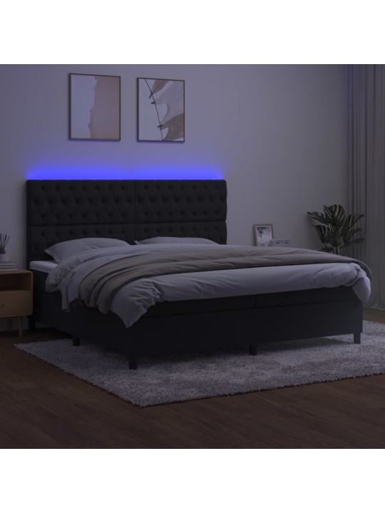 Atsperu gulta ar matraci, LED, melns samts, 200x200 cm