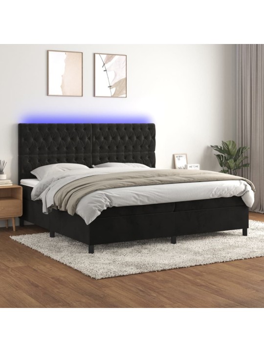 Atsperu gulta ar matraci, LED, melns samts, 200x200 cm