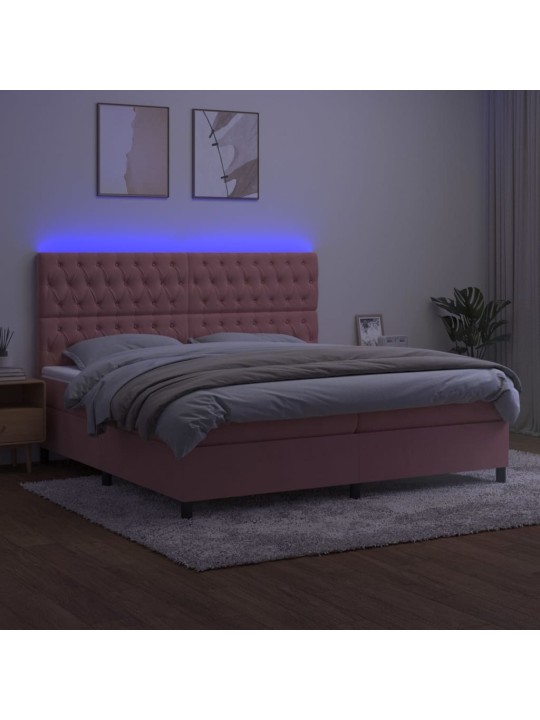 Atsperu gulta ar matraci, LED, rozā samts, 200x200 cm