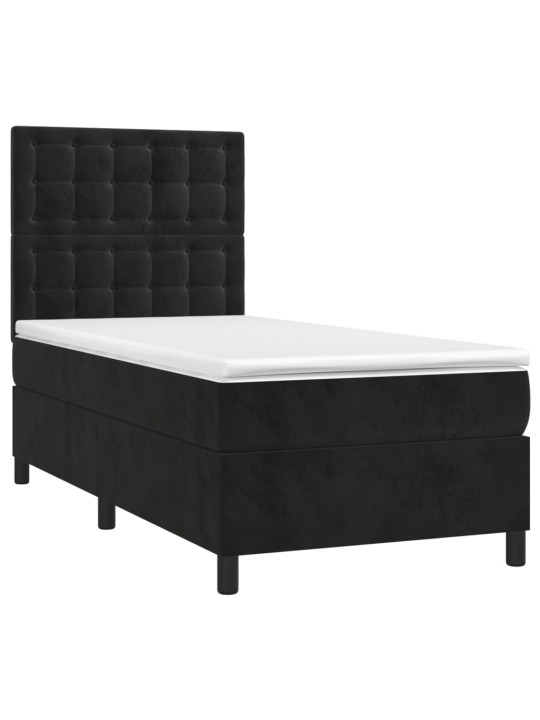 Atsperu gulta ar matraci, LED, melns samts, 90x190 cm