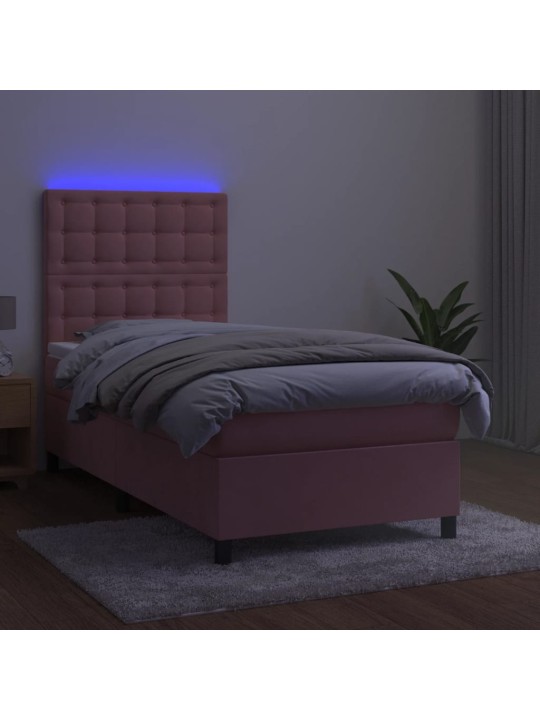 Atsperu gulta ar matraci, LED, rozā samts, 100x200 cm