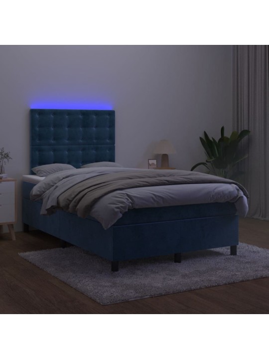 Atsperu gulta ar matraci, led, tumši zils samts, 120x200 cm