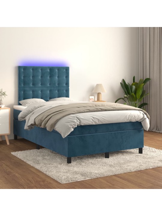 Atsperu gulta ar matraci, led, tumši zils samts, 120x200 cm