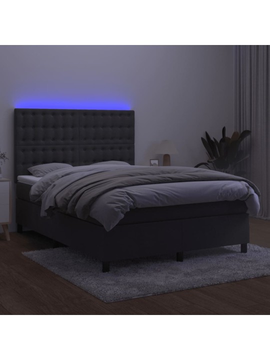 Atsperu gulta ar matraci, LED, tumši pelēks samts, 140x190 cm