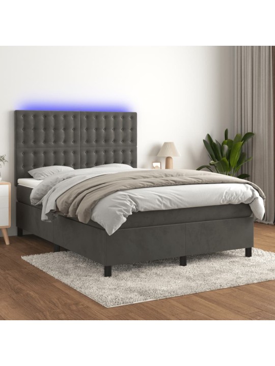 Atsperu gulta ar matraci, LED, tumši pelēks samts, 140x190 cm