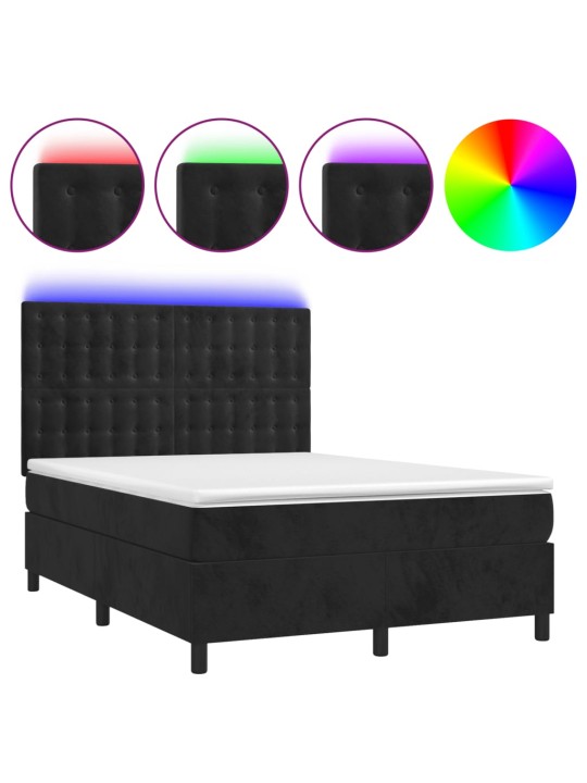 Atsperu gulta ar matraci, LED, melns samts, 140x190 cm
