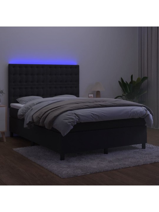 Atsperu gulta ar matraci, LED, melns samts, 140x190 cm