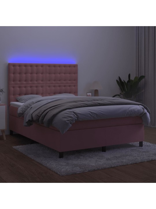 Atsperu gulta ar matraci, led, rozā samts, 140x190 cm