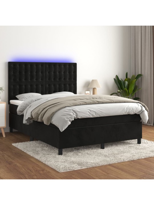 Atsperu gulta ar matraci, LED, melns samts, 140x200 cm