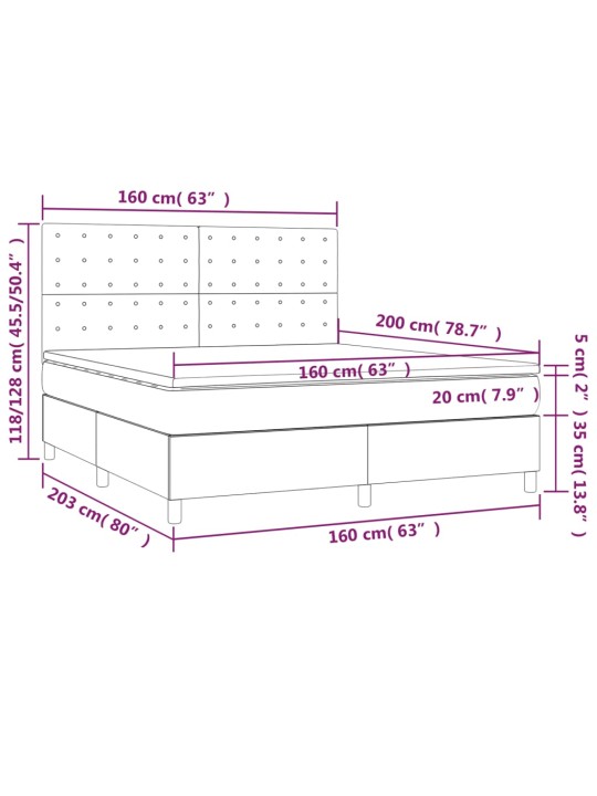 Atsperu gulta ar matraci, LED, melns samts, 160x200 cm