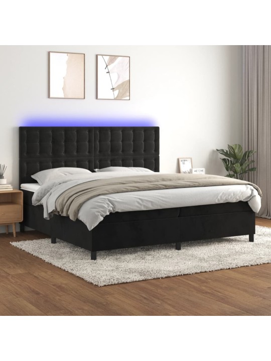 Atsperu gulta ar matraci, LED, melns samts, 200x200 cm