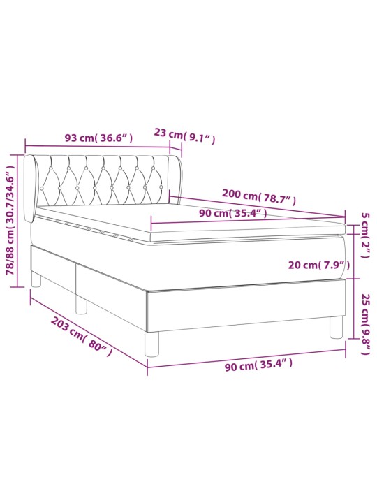 Kontinentālā gulta rāmis ar matraci, krēmkrāsas, 90x200 cm, audums