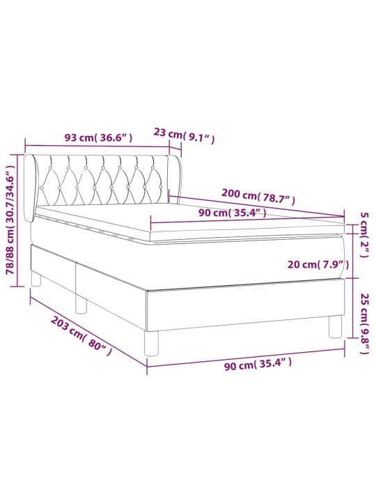 Kontinentālā gulta rāmis ar matraci, krēmkrāsas, 90x200 cm, audums