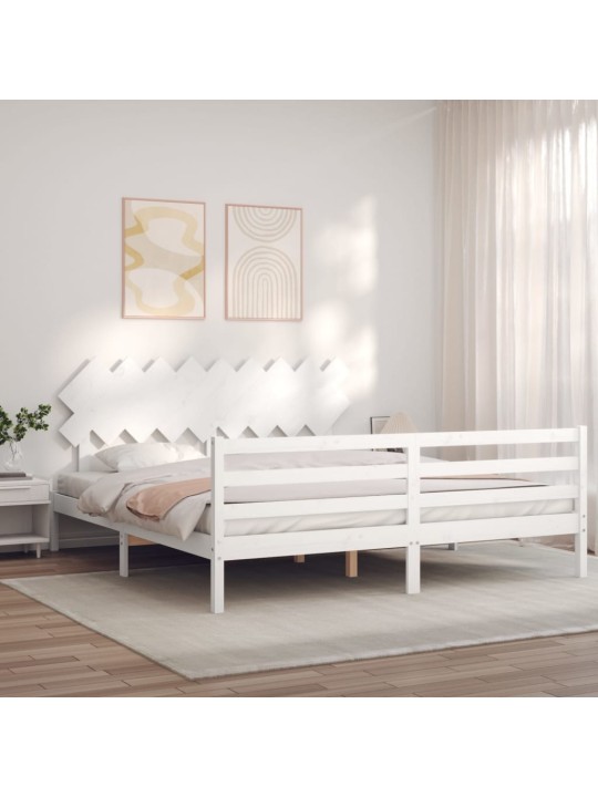 Gultas rāmis ar galvgali, Super King Size, masīvkoks, balts