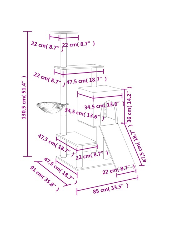 Kaķu māja ar sizala stabiem, 130,5 cm, krēmkrāsas
