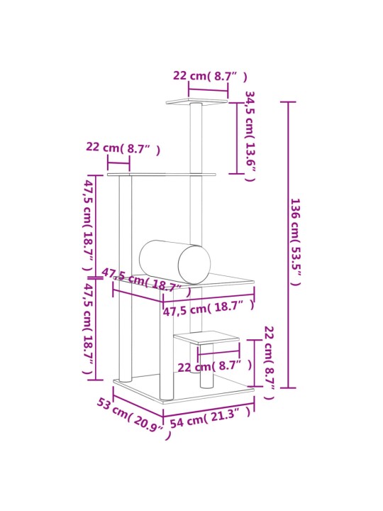 Kaķu māja ar sizala stabiem nagu asināšanai, 136 cm, pelēka