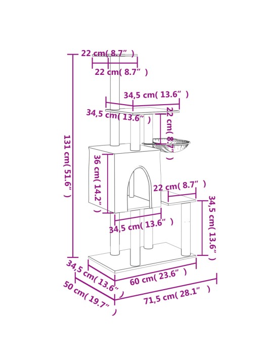 Kaķu māja ar sizala stabiem nagu asināšanai, 131 cm, pelēka