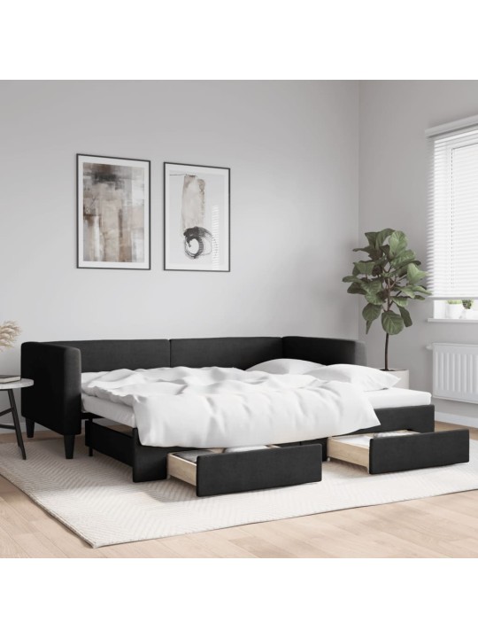 Izvelkams dīvāns ar atvilktnēm, melns, 90x200 cm, audums
