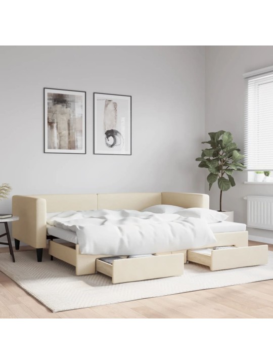 Izvelkams dīvāns ar atvilktnēm, krēmkrāsas audums, 90x200 cm