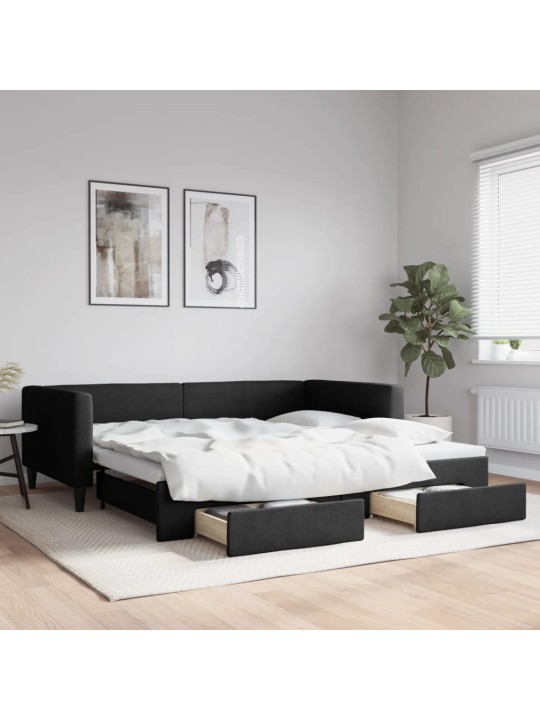 Izvelkams dīvāns ar atvilktnēm, melns, 100x200 cm, audums