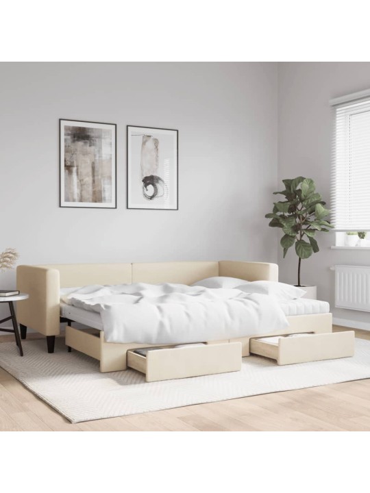 Izvelkams dīvāns ar atvilktnēm, krēmkrāsas audums, 80x200 cm