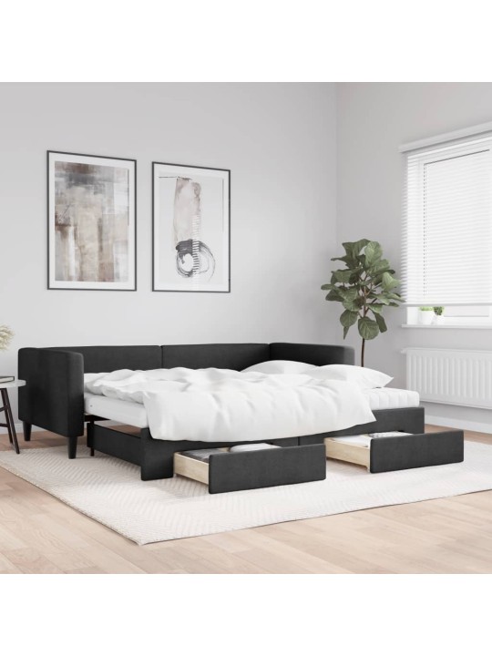 Izvelkams dīvāns ar atvilktnēm, melns, 90x200 cm, audums