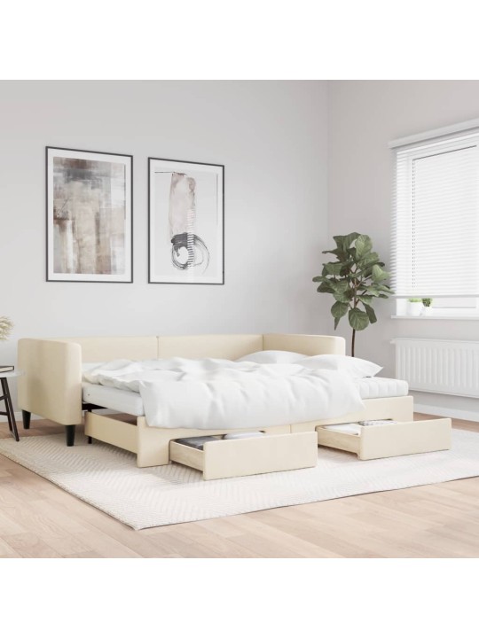 Izvelkams dīvāns ar atvilktnēm, krēmkrāsas audums, 90x200 cm