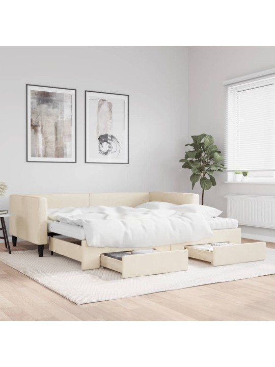 Izvelkams dīvāns ar atvilktnēm, krēmkrāsas audums, 100x200 cm