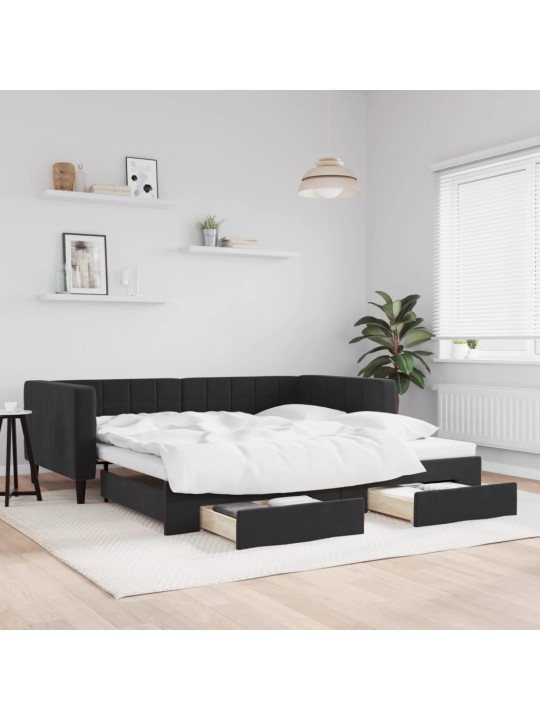 Izvelkams dīvāns ar atvilktnēm, melns, 100x200 cm, samts