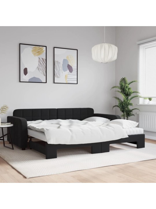 Izvelkams dīvāns ar matraci, melni, 90x200 cm, samts