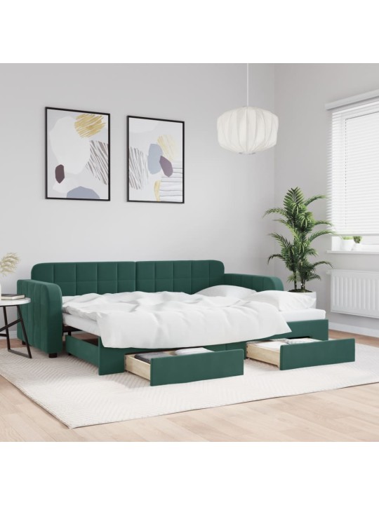 Izvelkams dīvāns ar atvilktnēm, tumši zaļš, 80x200 cm, samts