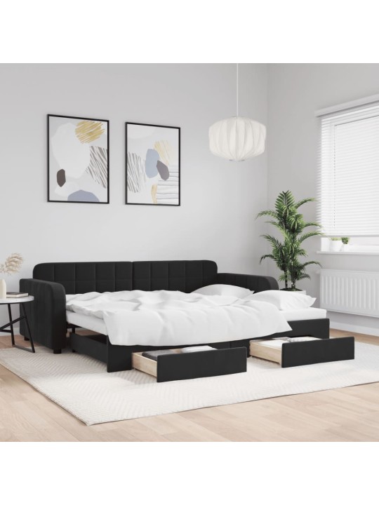 Izvelkams dīvāns ar atvilktnēm, melns, 90x200 cm, samts