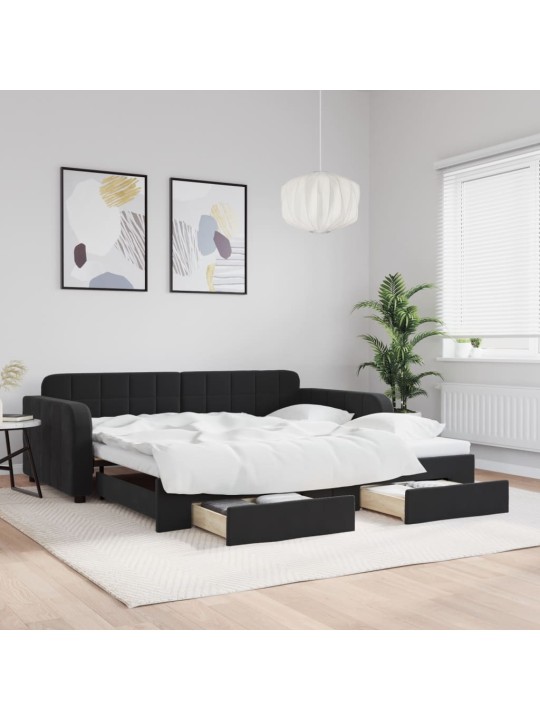 Izvelkams dīvāns ar atvilktnēm, melns, 100x200 cm, samts